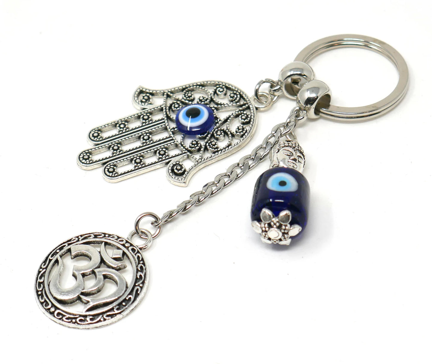 Hamsa Hand, Om Buddha & Hamsa Evil Eye Protection Key Ring, Hand of God Protection Key Ring