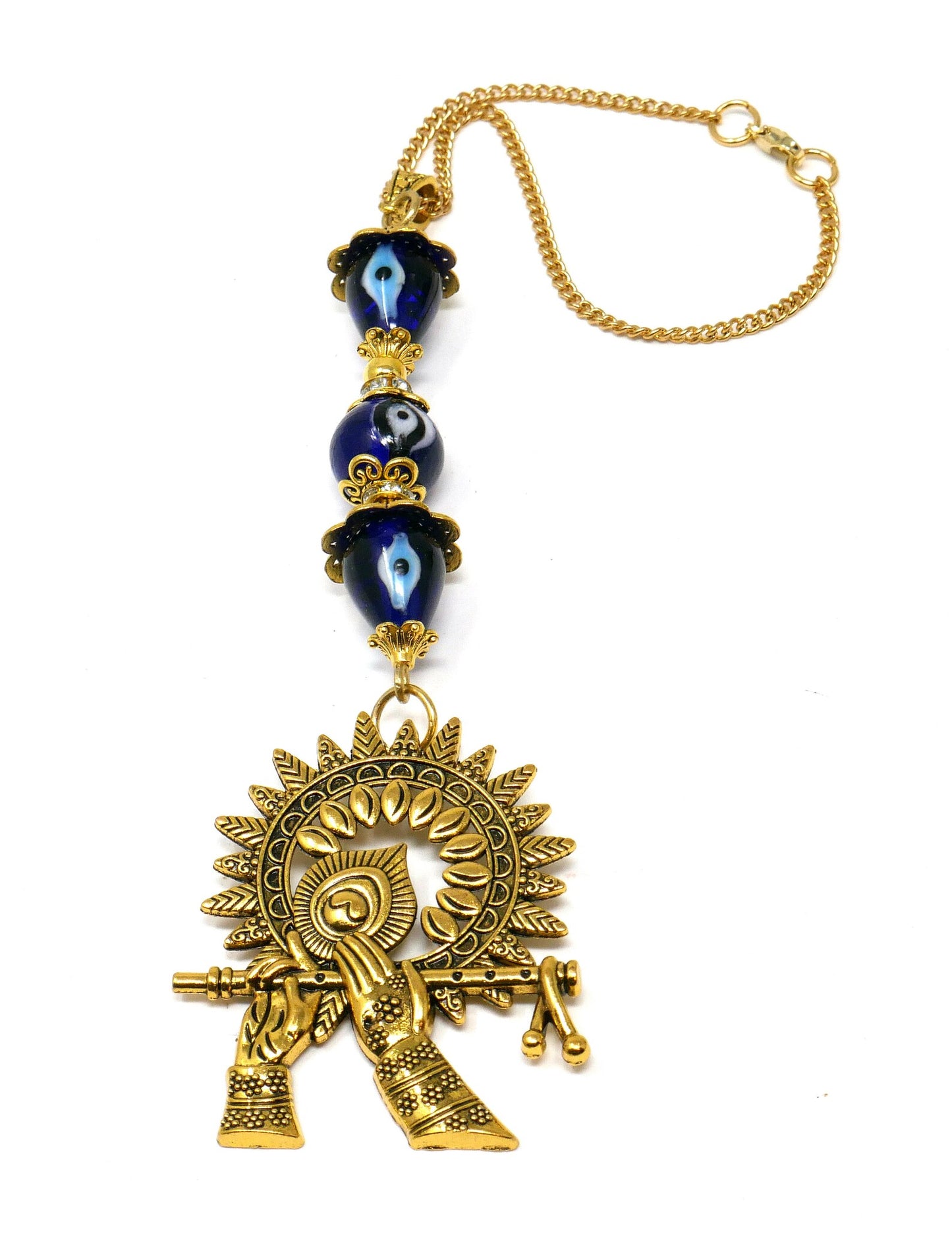 Lord Krishna Playing Flute Evil Eye Protection Hanging, Lord Krishna , Kanha with flute Blessings and Protection Amulet, Hindu God Pendant