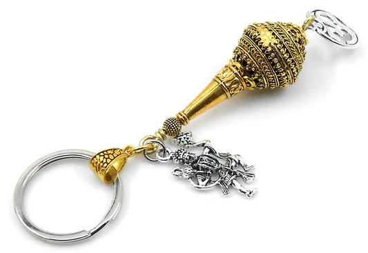 Handcrafted Hanuman ji ke Gada Charm & Evil Eye Protection Blue Glass Bead-Rare to Find Combination in Key Ring for Home/Car/Office/Business