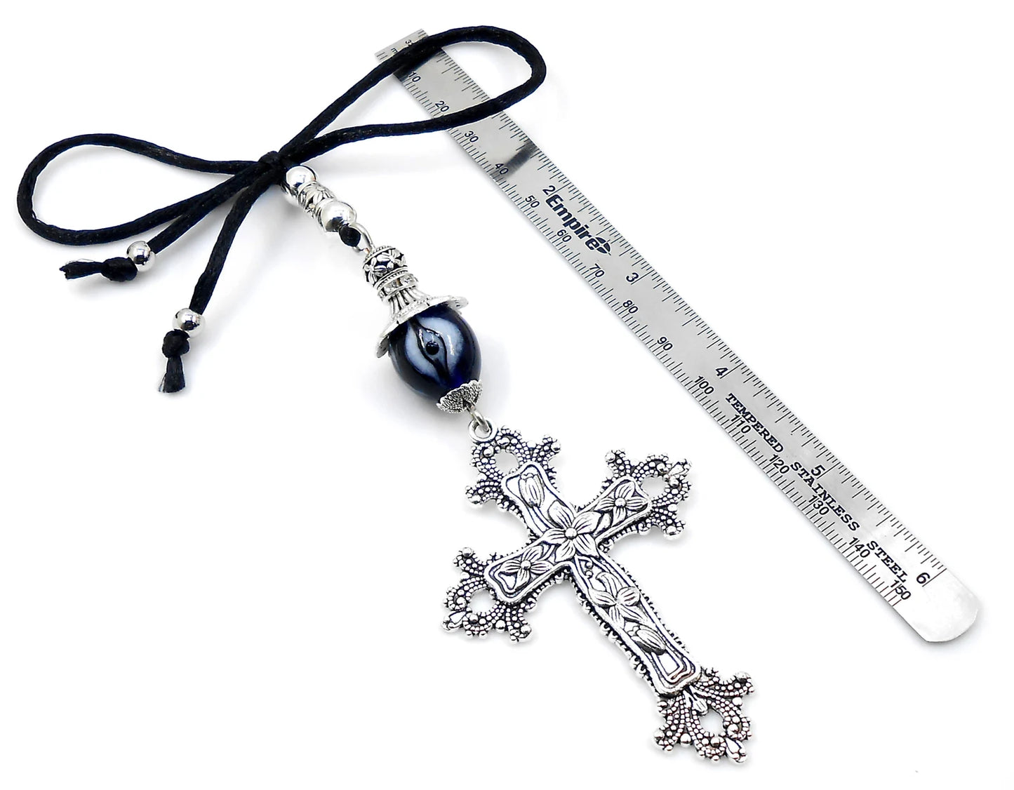 Holy Cross Pendant | Blue Glass Beads | Evil Eye Protection | Car Rearview Mirror Ornament | Blessings | Hope Faith Believe Protection |