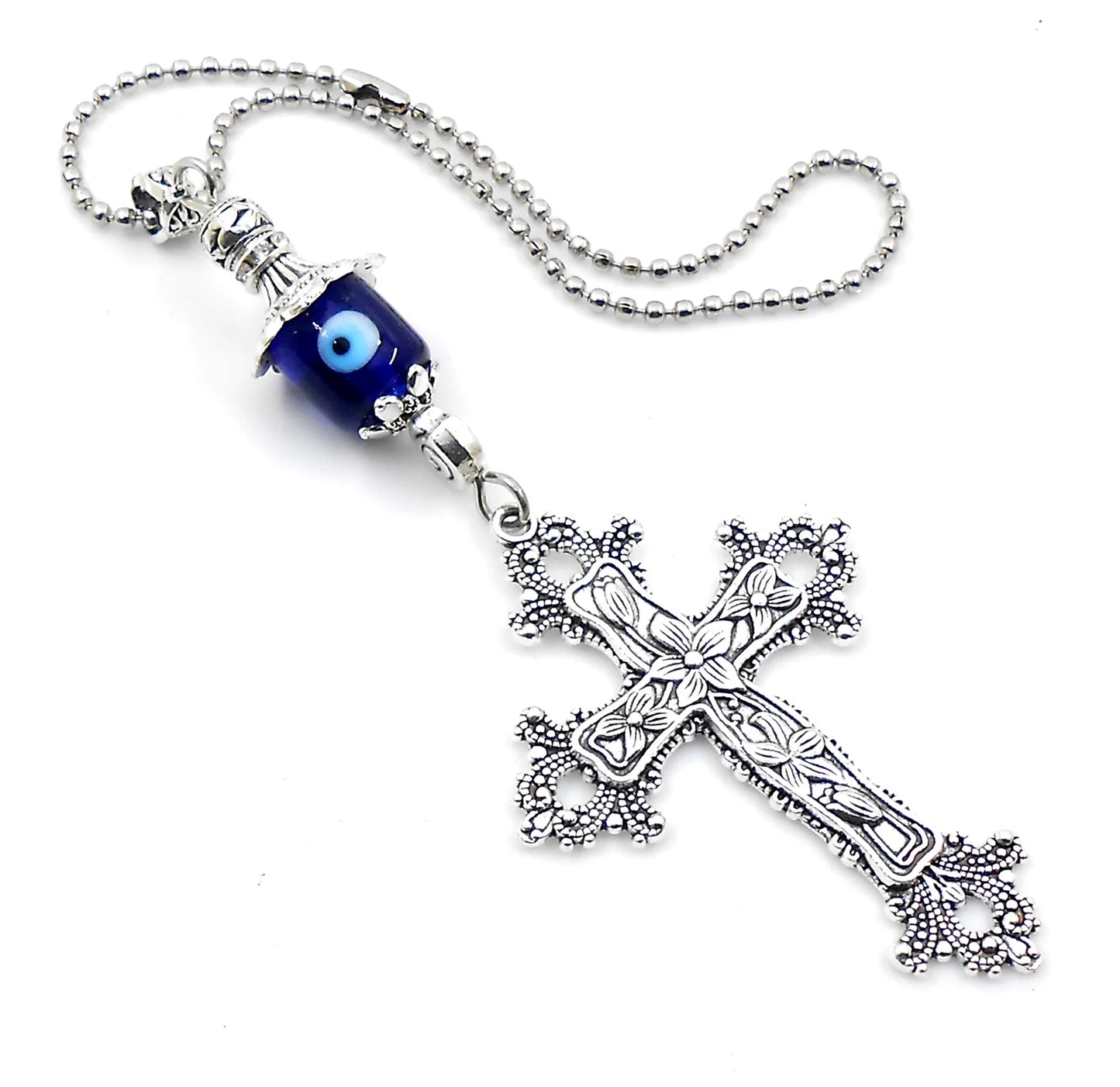 Holy Cross Pendant | Blue Glass Beads | Evil Eye Protection | Car Rearview Mirror Ornament | Blessings | Hope Faith Believe Protection |