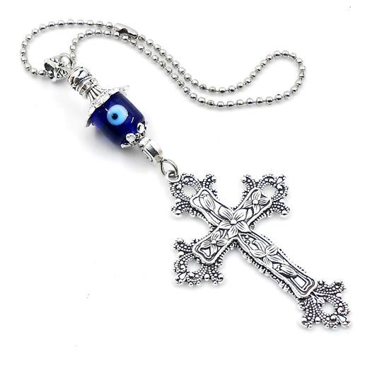 Holy Cross Pendant | Blue Glass Beads | Evil Eye Protection | Car Rearview Mirror Ornament | Blessings | Hope Faith Believe Protection |