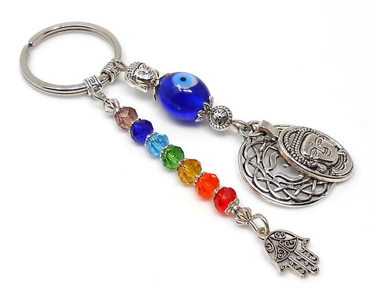 Seven Chakra, Evil Eye protection Buddha & Tree of Life Key Chain/Key Ring ,7 Chakra Healing Energy Key Ring,First Car Gift, Yoga Lover Gift