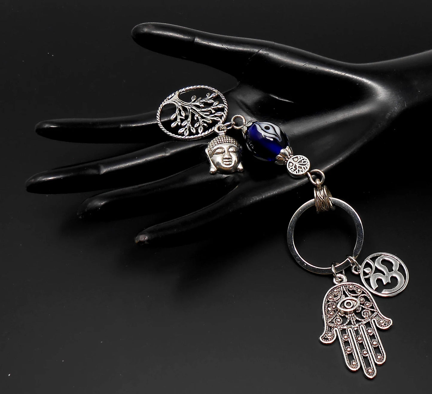 Evil Eye Protection Divine OM, Buddha, Hamsa & Tree Of Life Key Chain/ Key Ring for Good Luck, Car Hanging for Safe Travel and Protection