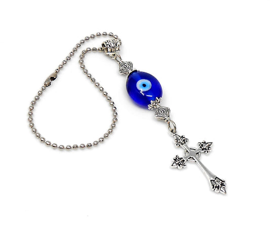 Holy Cross | Evil Eye Protection Blue Bead | Antique Silver Plated | Car Rearview Mirror Ornament | Blessings and Peace | Divine Protection