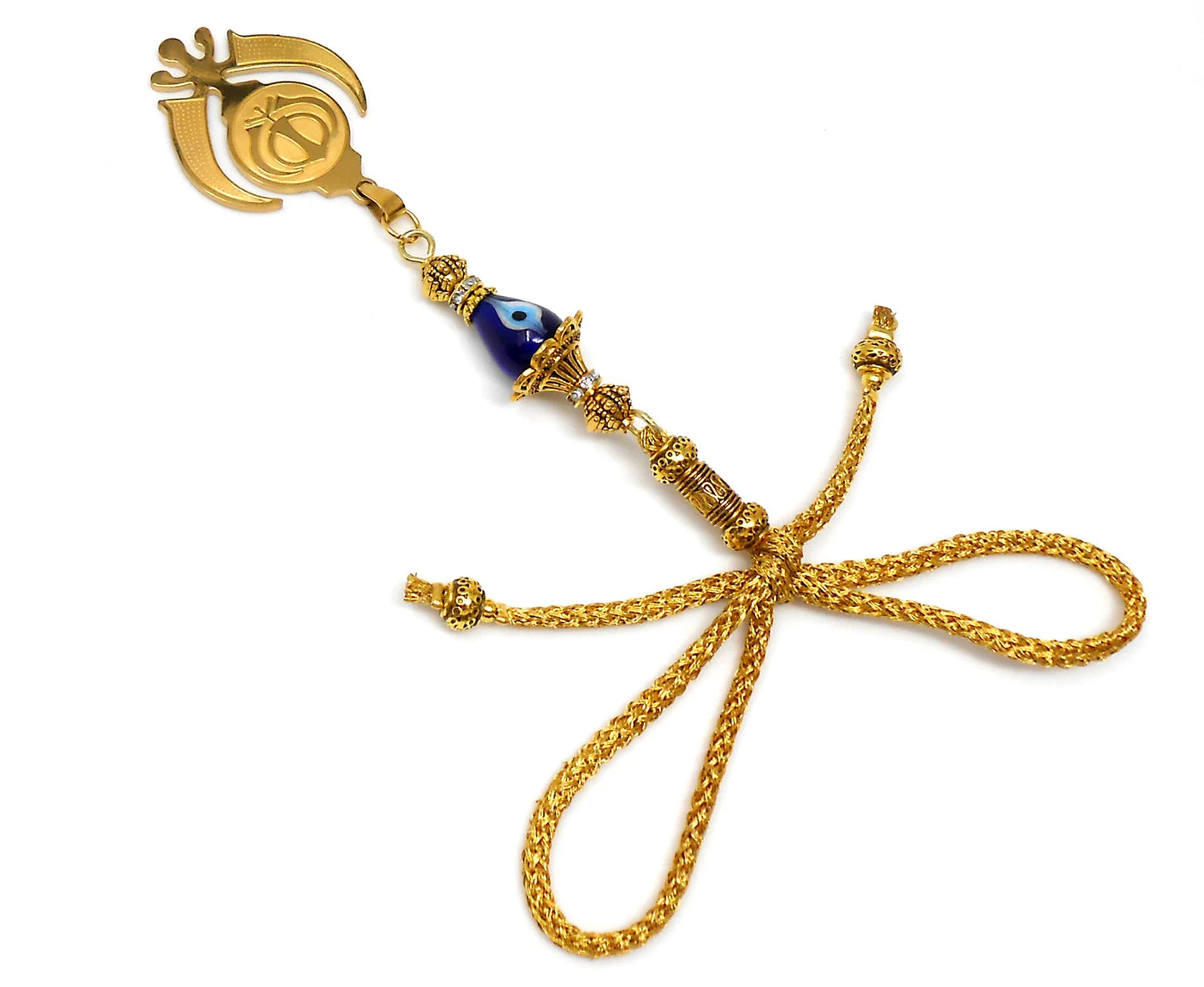 Golden Khanda Car Hanging Ornament, Sikh Evil Eye Protection, Rearview Mirror Charm, Spiritual Vastu Amulet, Gold Plated Religious Decor