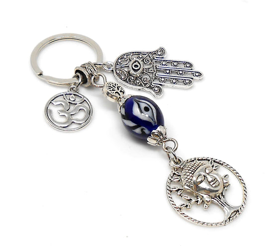 Evil Eye Protection Divine OM, Buddha, Hamsa & Tree Of Life Key Chain/ Key Ring for Good Luck, Car Hanging for Safe Travel and Protection