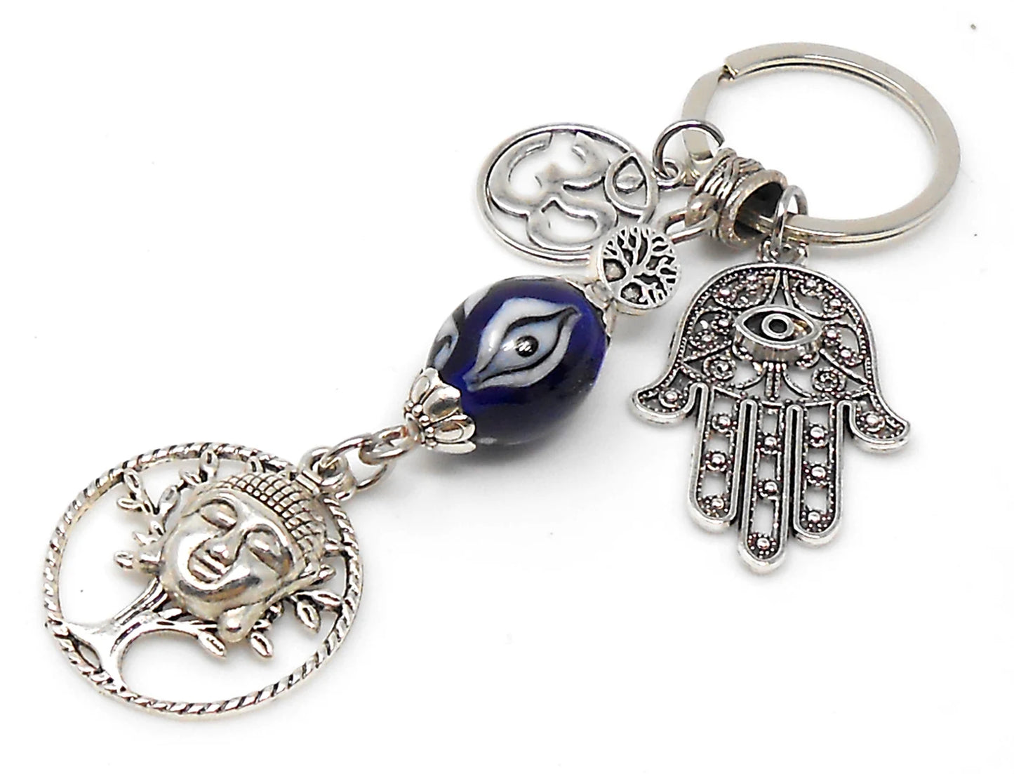 Evil Eye Protection Divine OM, Buddha, Hamsa & Tree Of Life Key Chain/ Key Ring for Good Luck, Car Hanging for Safe Travel and Protection