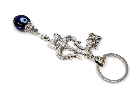 Lord Shiva Trishul & Shiva Cahrm and OM Evil Eye Protection Key Ring, Mahadeva Trishul Pendant Key Chain for Positive Vibes and Good Luck