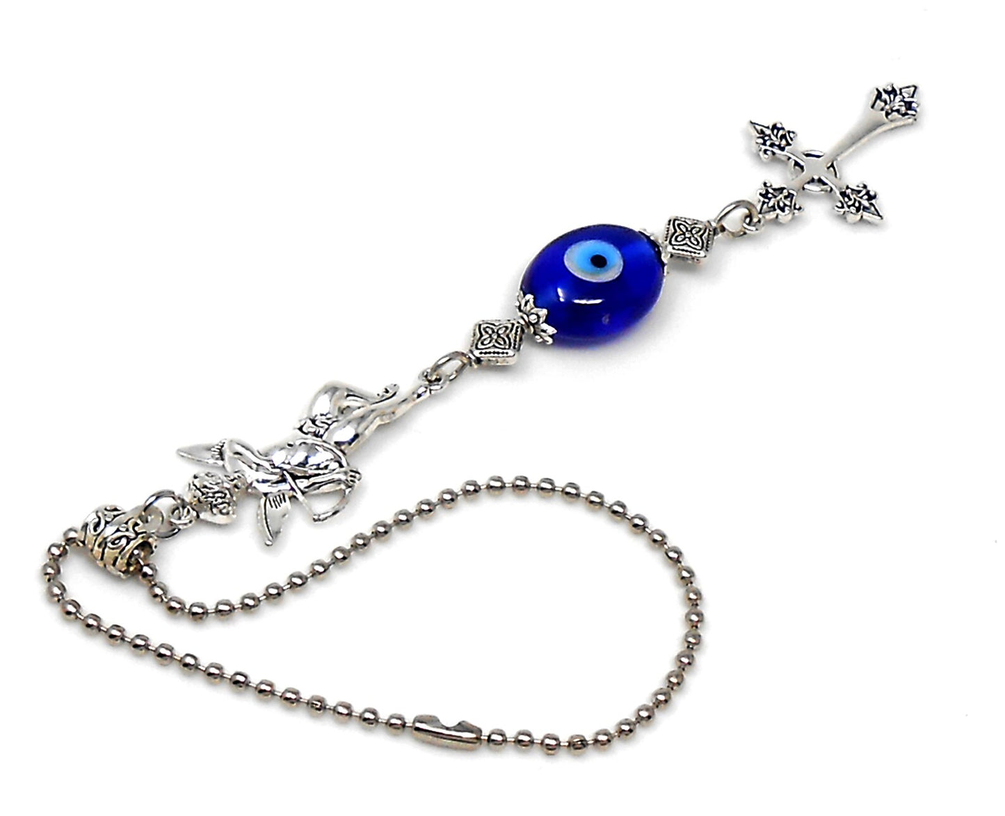 Holy Cross | Evil Eye Protection Blue Bead | Antique Silver Plated | Car Rearview Mirror Ornament | Blessings and Peace | Divine Protection