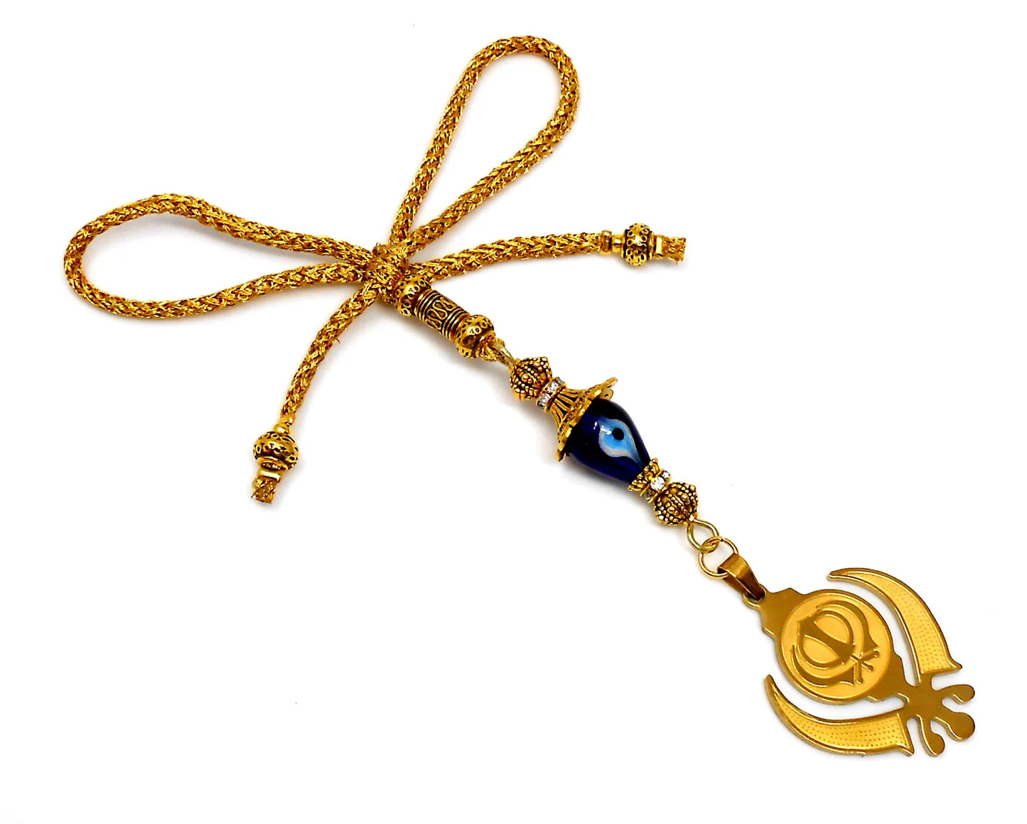 Golden Khanda Car Hanging Ornament, Sikh Evil Eye Protection, Rearview Mirror Charm, Spiritual Vastu Amulet, Gold Plated Religious Decor