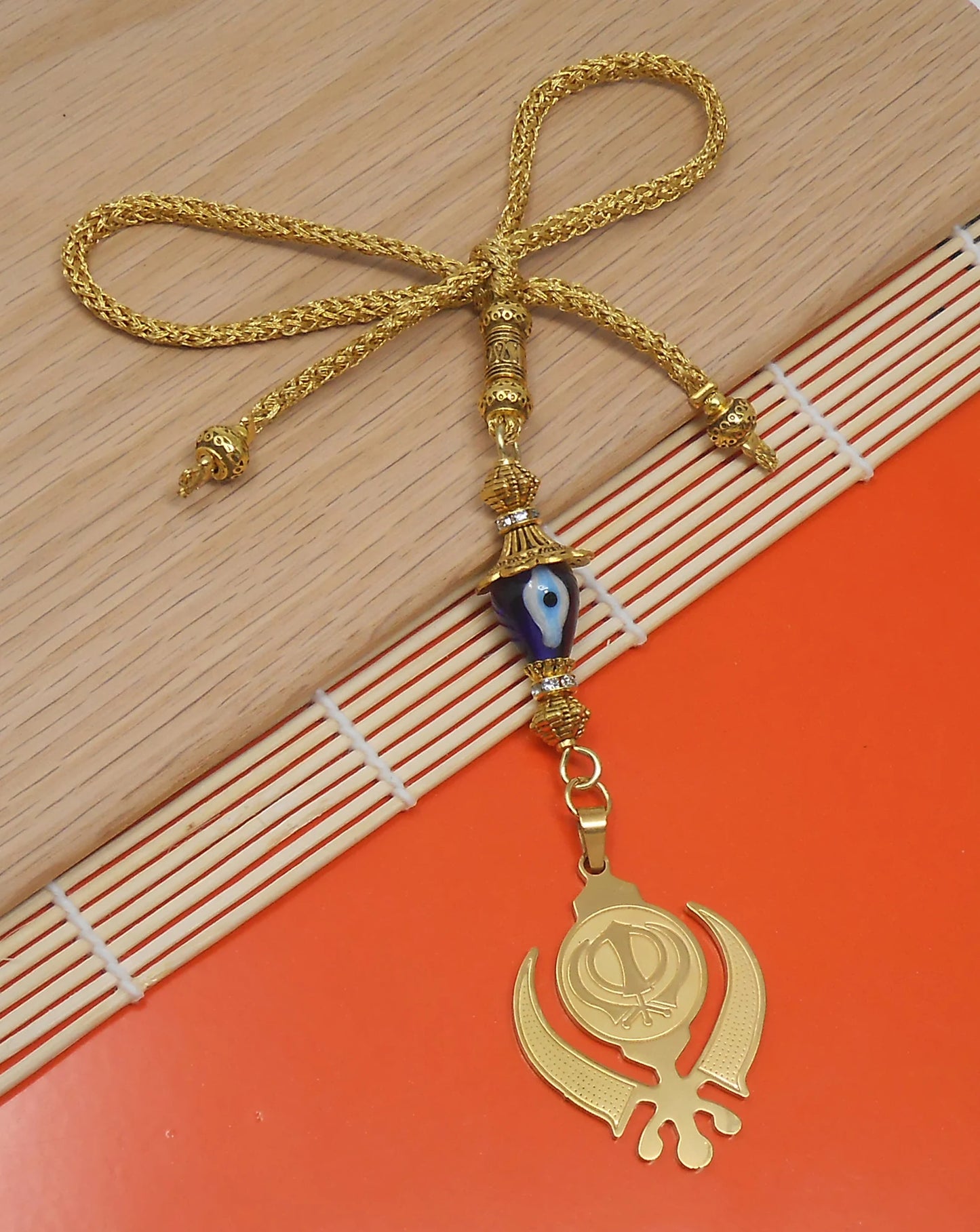 Golden Khanda Car Hanging Ornament, Sikh Evil Eye Protection, Rearview Mirror Charm, Spiritual Vastu Amulet, Gold Plated Religious Decor