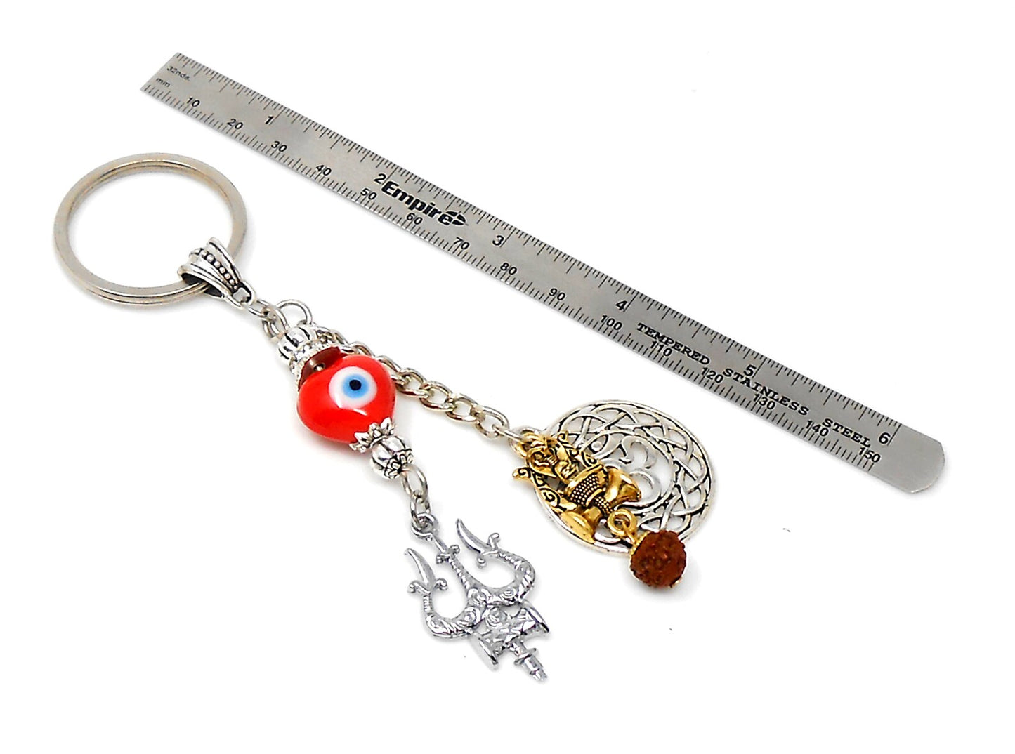 OM & Har Har Mahadev Trishul Charm Evil Eye Protection Key Ring, Shiva Linga Key Ring, Hindu Key Ring, Good Luck Namaste Gift
