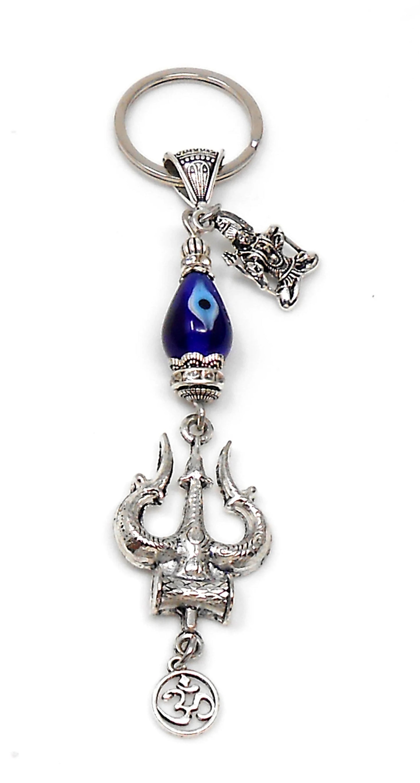 Lord Shiva Trishul & Shiva Cahrm and OM Evil Eye Protection Key Ring, Mahadeva Trishul Pendant Key Chain for Positive Vibes and Good Luck