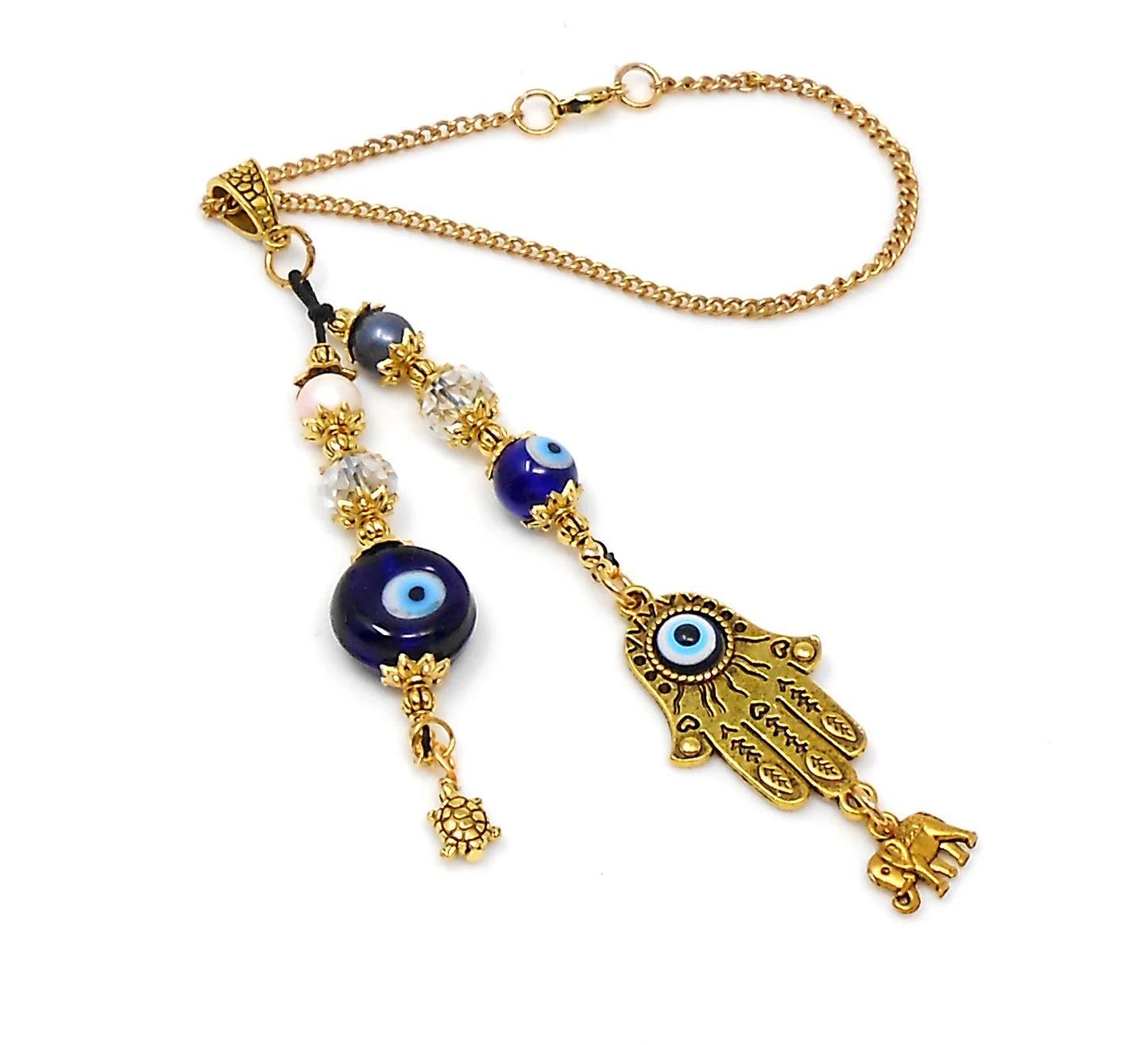 Evil Eye Protection | Hamsa Hand | Antique Golden | Blue Glass Bead | Car Rearview Mirror Ornament | Good Luck Protection | Positive Vibes