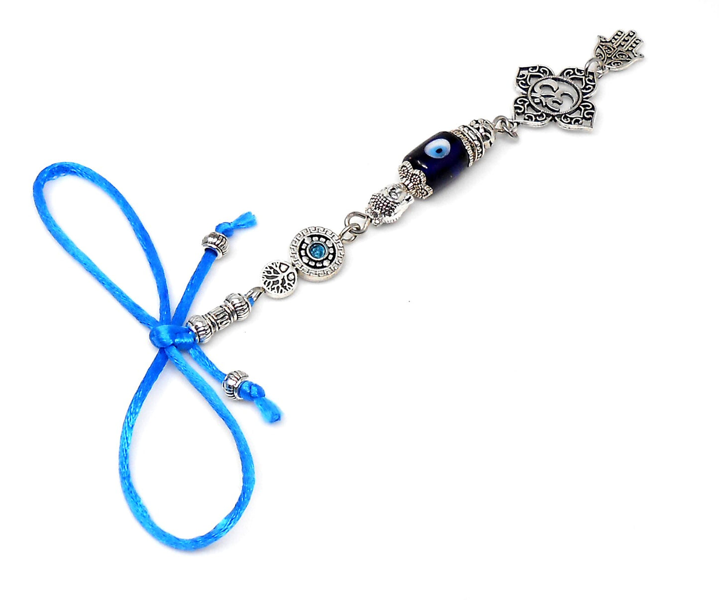 Evil Eye Protection Antique Silver Divine Om Buhhda & Hamsa Charms Car Rear view Mirror Decor Hanging, Handbag/Purse Dangler for Good Luck