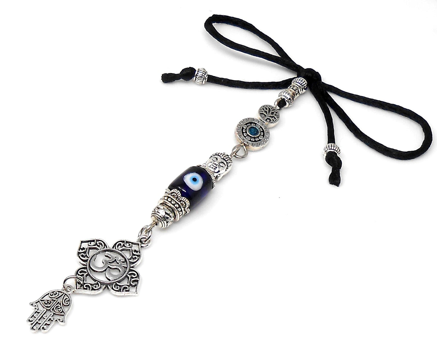 Evil Eye Protection Antique Silver Divine Om Buhhda & Hamsa Charms Car Rear view Mirror Decor Hanging, Handbag/Purse Dangler for Good Luck