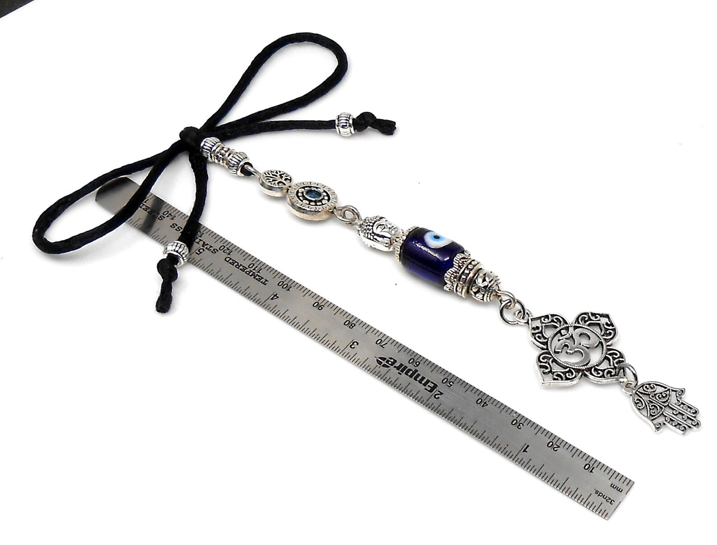 Evil Eye Protection Antique Silver Divine Om Buhhda & Hamsa Charms Car Rear view Mirror Decor Hanging, Handbag/Purse Dangler for Good Luck