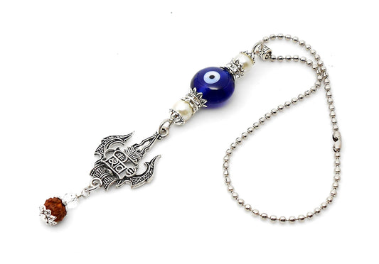 Lord Shiva Trishul Damroo & Rudraksha Evil Eye Protection Car Mirror Hanging-Mahadev Trishul Pendant Namaste Gift