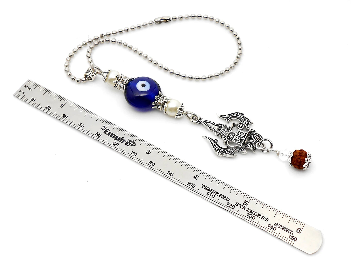 Lord Shiva Trishul Damroo & Rudraksha Evil Eye Protection Car Mirror Hanging-Mahadev Trishul Pendant Namaste Gift