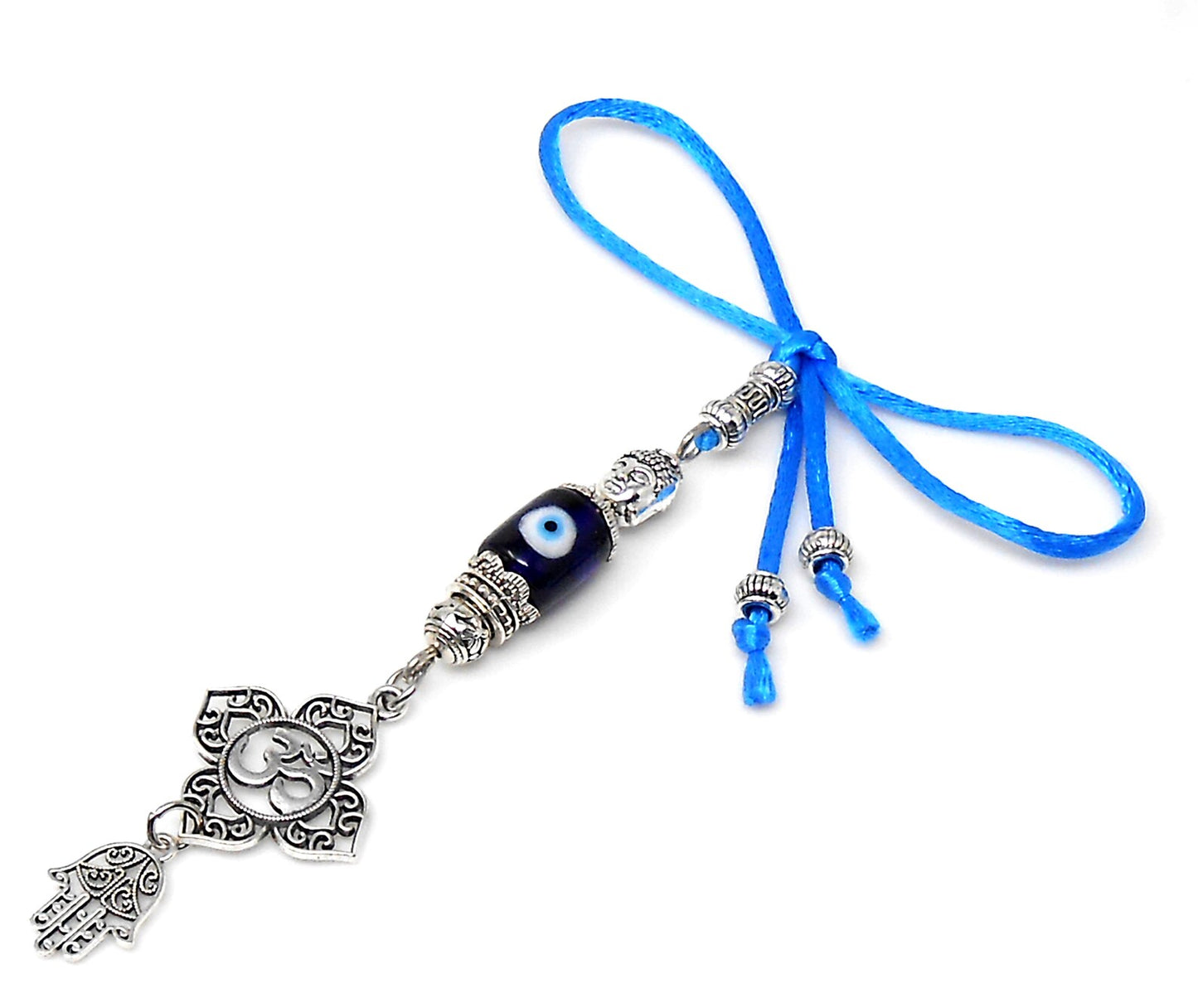 Evil Eye Protection Antique Silver Divine Om Buhhda & Hamsa Charms Car Rear view Mirror Decor Hanging, Handbag/Purse Dangler for Good Luck