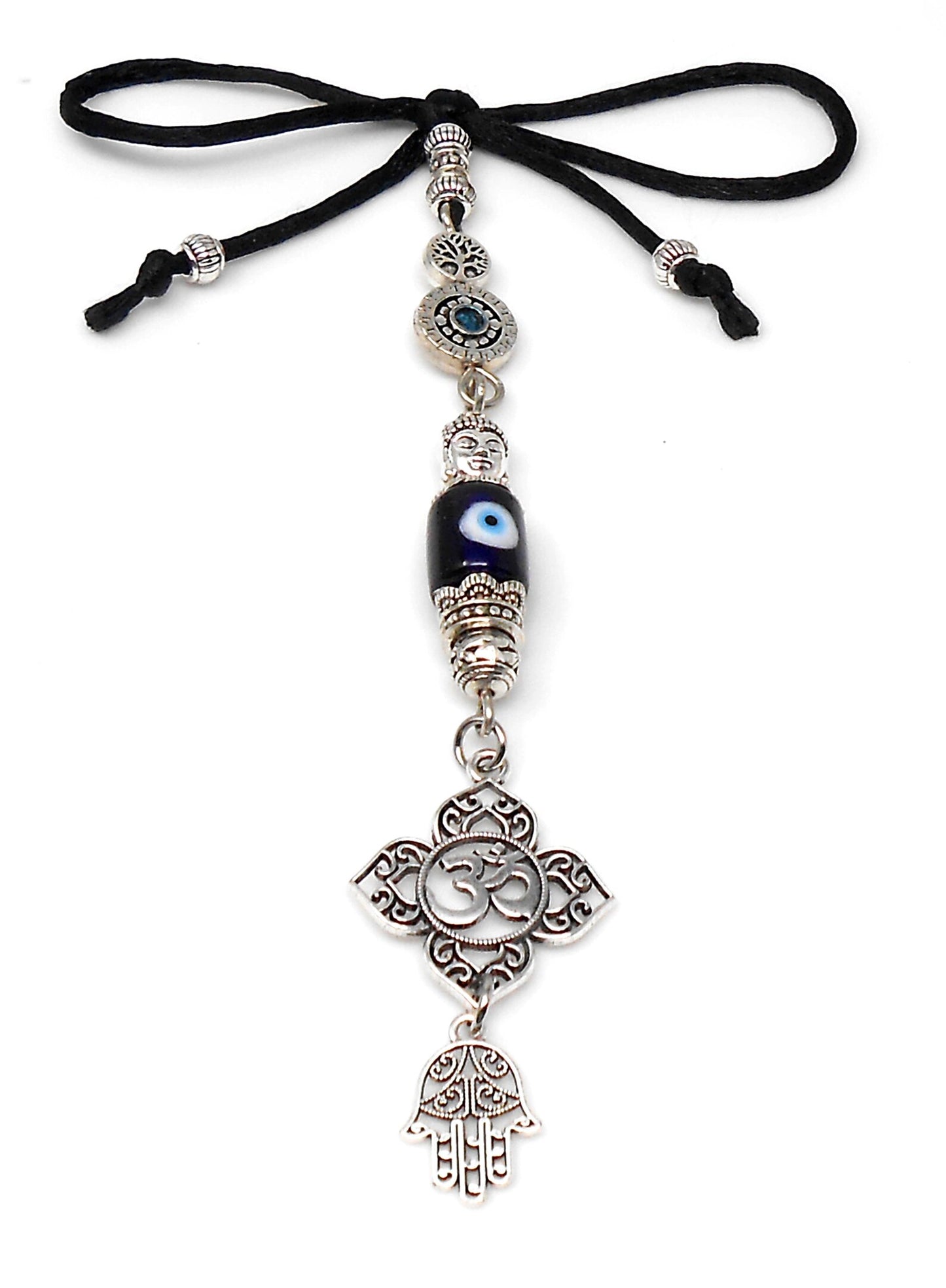 Evil Eye Protection Antique Silver Divine Om Buhhda & Hamsa Charms Car Rear view Mirror Decor Hanging, Handbag/Purse Dangler for Good Luck