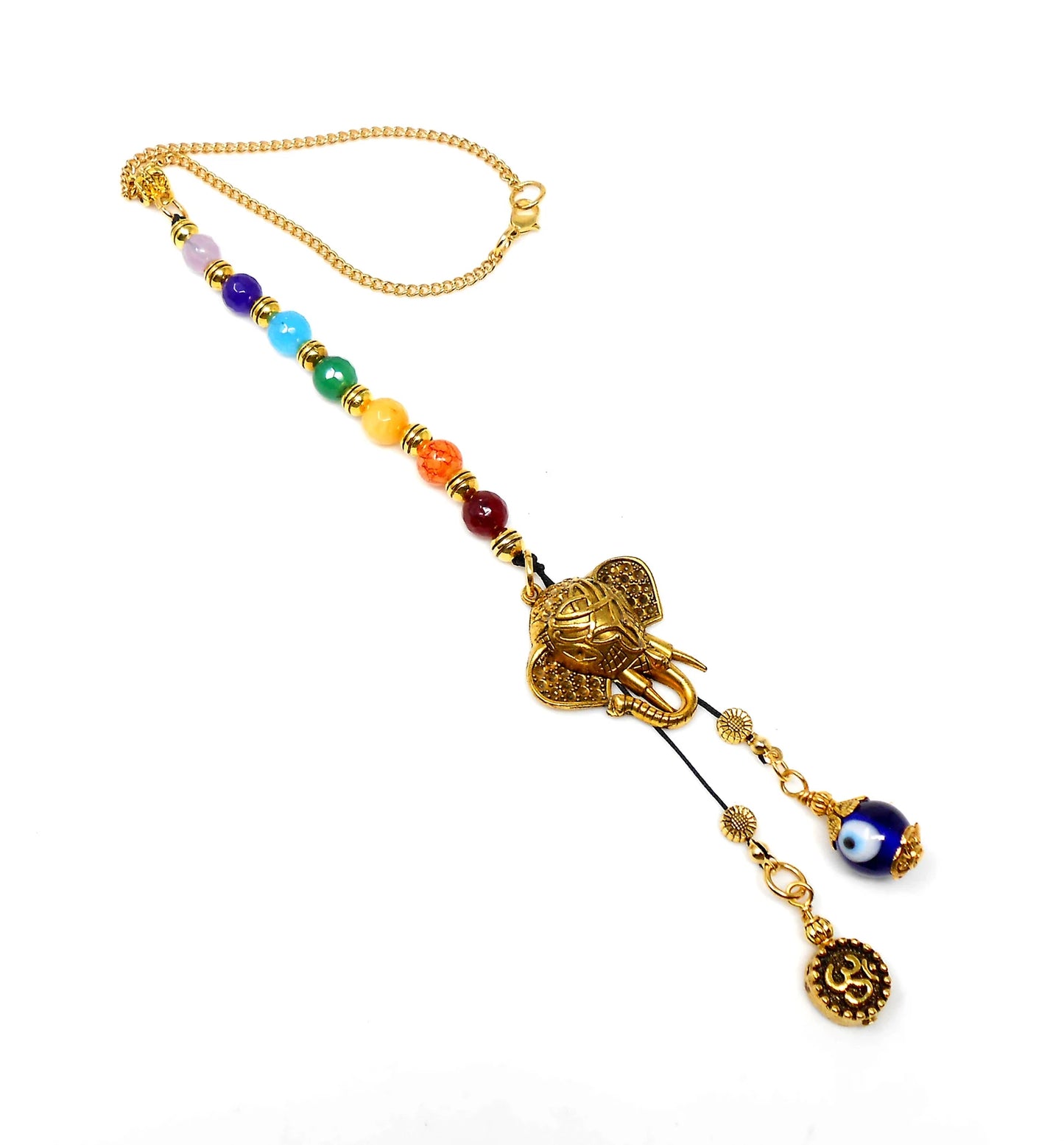 Seven Chakra, Evil Eye protection OM Ganesha Hamsa Car Rear view Hanging, 7 Chakra Natural Stone Beads Car Mirror /Handbag Hanging Ornament