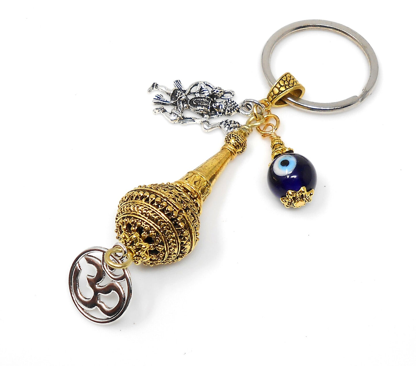 Handcrafted Hanuman ji ke Gada Charm & Evil Eye Protection Blue Glass Bead-Rare to Find Combination in Key Ring for Home/Car/Office/Business