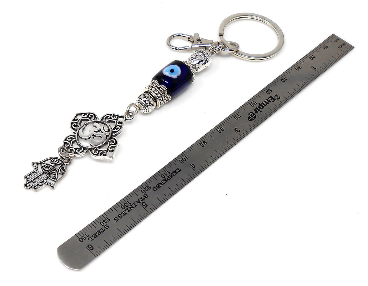 Evil Eye Protection Antique Silver Divine Om Buhhda & Hamsa Charms Car Rear view Mirror Decor Hanging, Handbag/Purse Dangler for Good Luck