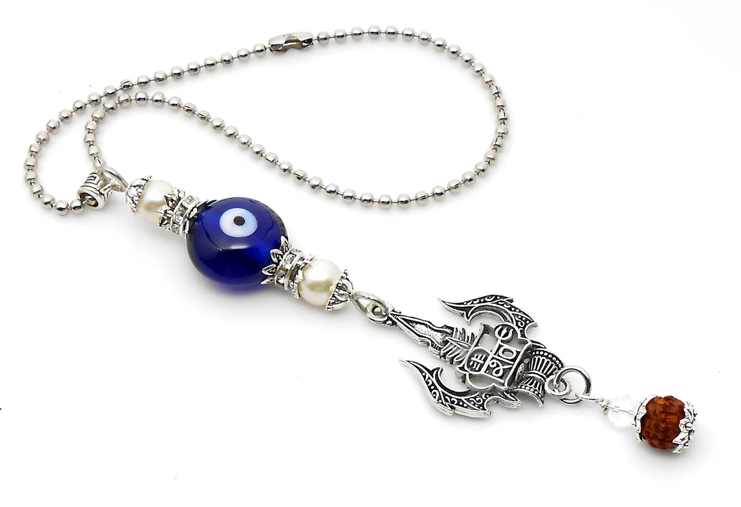 Lord Shiva Trishul Damroo & Rudraksha Evil Eye Protection Car Mirror Hanging-Mahadev Trishul Pendant Namaste Gift