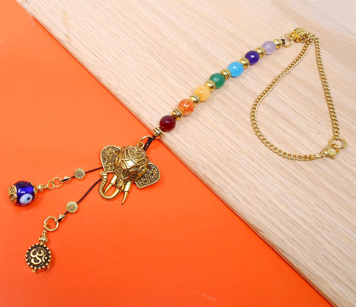 Seven Chakra, Evil Eye protection OM Ganesha Hamsa Car Rear view Hanging, 7 Chakra Natural Stone Beads Car Mirror /Handbag Hanging Ornament