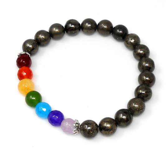 Seven Chakra Pyrite & Agate 8mm Natural Stone Beads Bracelet | Pyrite Natural Stone Bead 8mm | Stretchable Healing Bracelet for Unisex