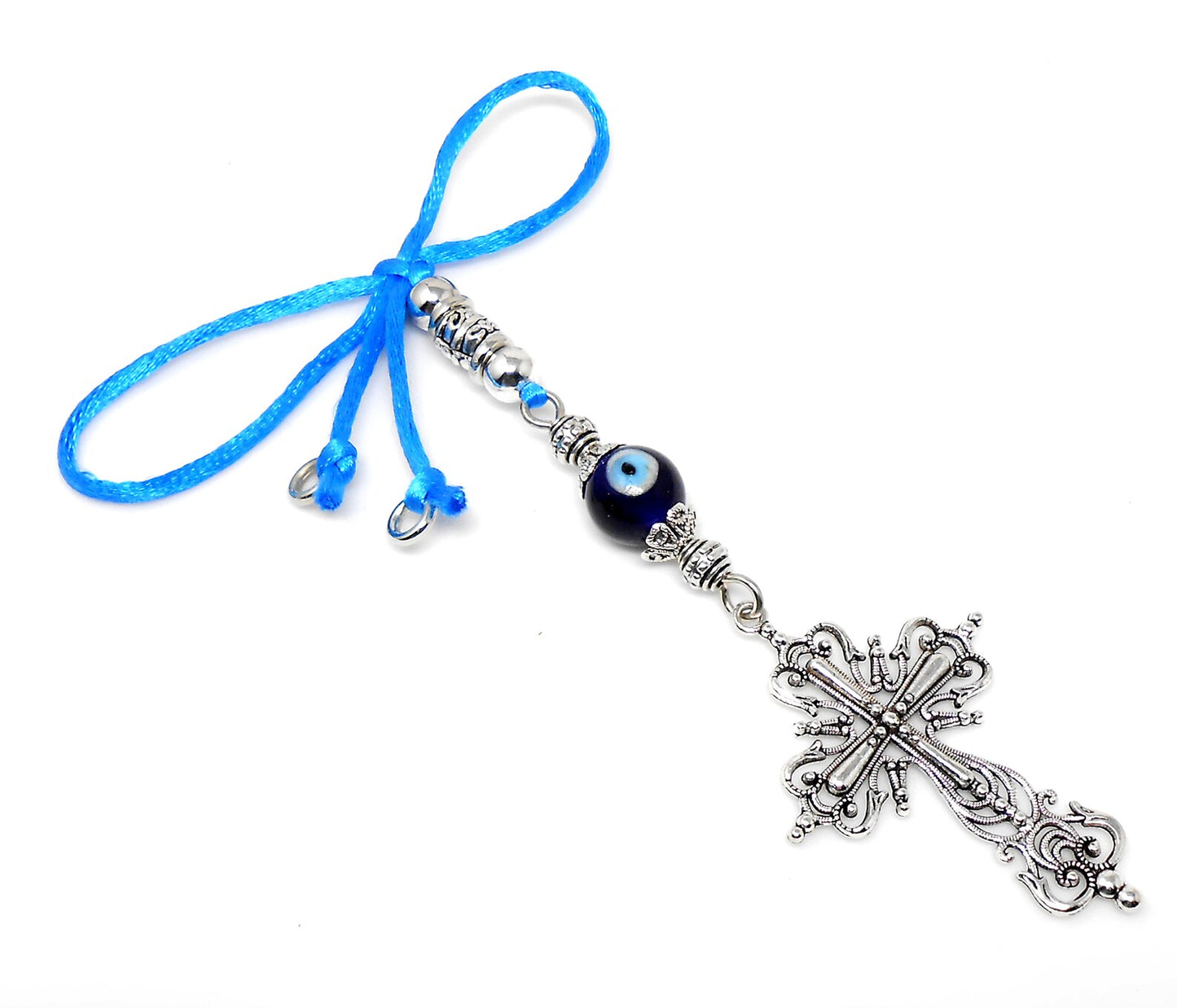 Holy Cross Pendant | Evil Eye Protection Blue Glass Beads Car Rearview Mirror Ornament Hanging | New Driver / Car Gift