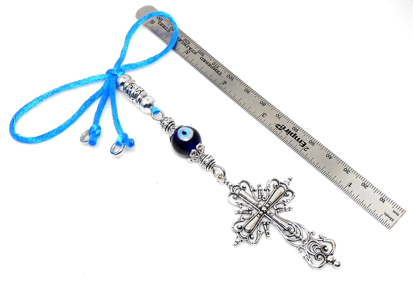 Holy Cross Pendant | Evil Eye Protection Blue Glass Beads Car Rearview Mirror Ornament Hanging | New Driver / Car Gift