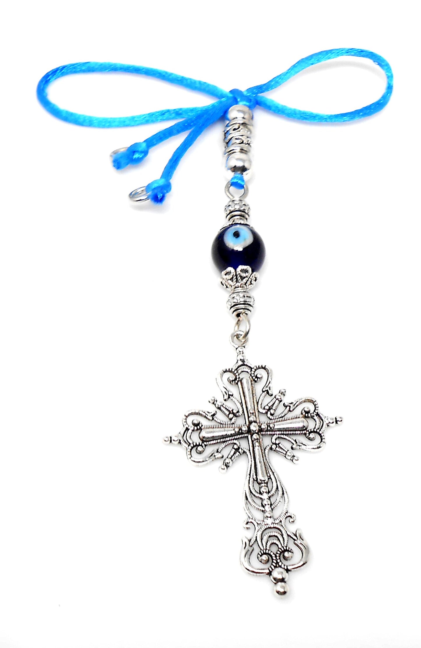 Holy Cross Pendant | Evil Eye Protection Blue Glass Beads Car Rearview Mirror Ornament Hanging | New Driver / Car Gift