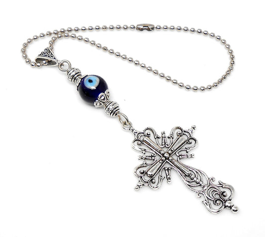 Holy Cross Pendant | Evil Eye Protection Blue Glass Beads Car Rearview Mirror Ornament Hanging | New Driver / Car Gift
