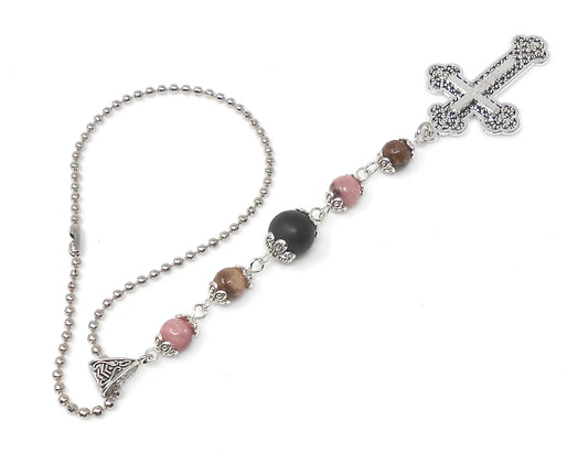 Holy Cross Pendant | Natural Stone Beads | Antique Silver Plated | Car Rearview Mirror Ornament | Blessings & Peace | Faith | Hope