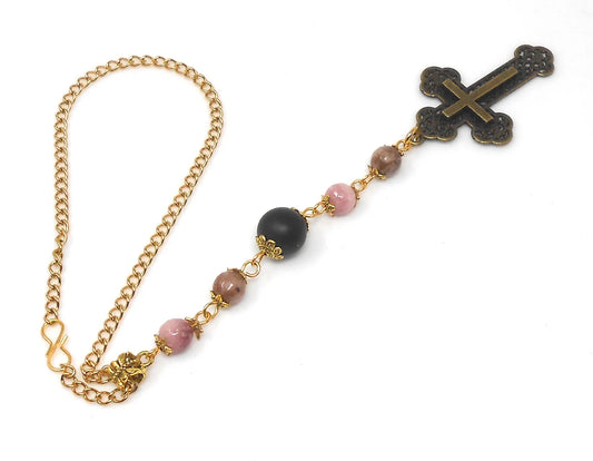 Holy Cross Pendant | Natural Stone Beads | Antique Silver Plated | Car Rearview Mirror Ornament | Blessings & Peace | Faith | Hope