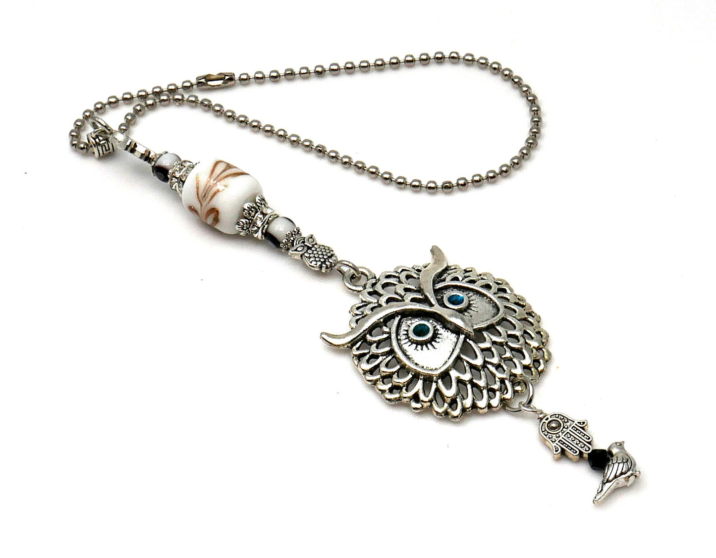 Owl | Evil Eye Protection | Car Mirror Charm Ornament | Lucky Owl Key Ring for Good Luck | Positive Vibes | Intuition Power | Inner Wisdom