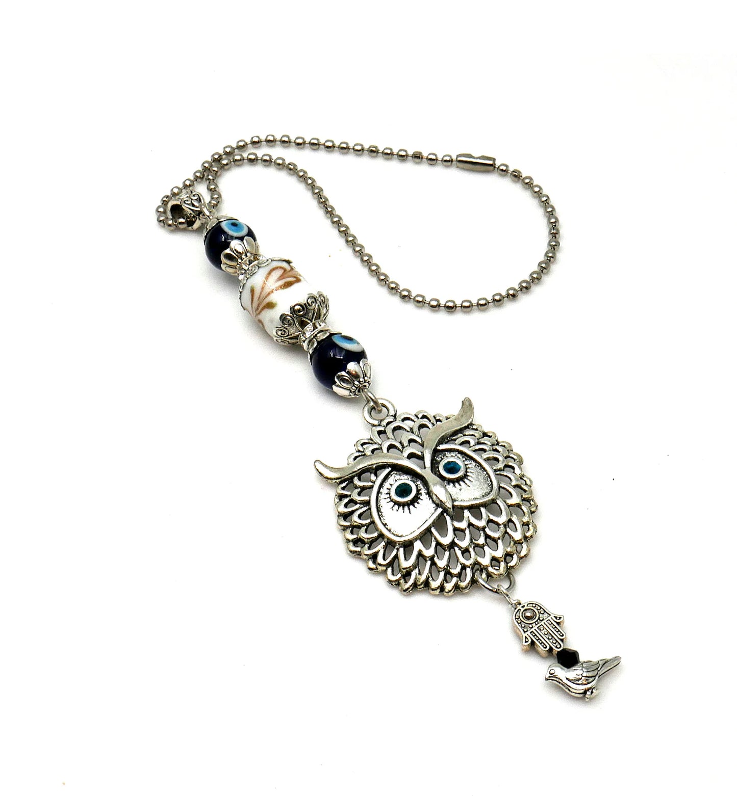 Owl | Evil Eye Protection | Car Mirror Charm Ornament | Lucky Owl Key Ring for Good Luck | Positive Vibes | Intuition Power | Inner Wisdom