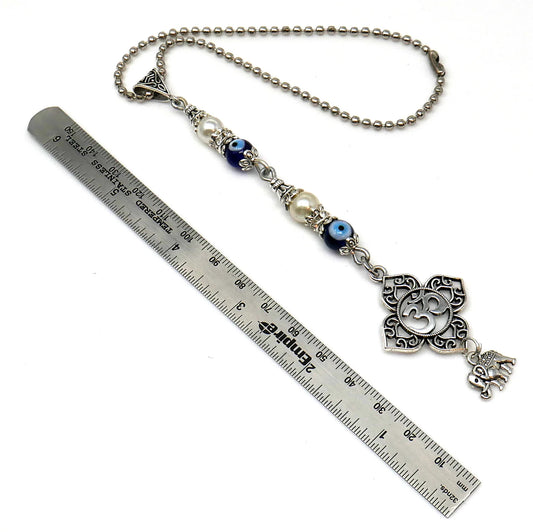 OM, Evil Eye Protection OM Lucky UpTrunk Elephant Charm Car Turck SUV Van Rear View Mirror Décor Ornament Hanging, Yoga Meditation Accessory