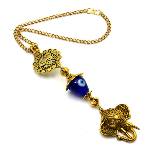 Divine OM n Lucky Elephant Head Pendant Evil Eye Protection Car Rear Mirror Hanging | Ganesha Obstacles Protection Hanging | Namaste Gift