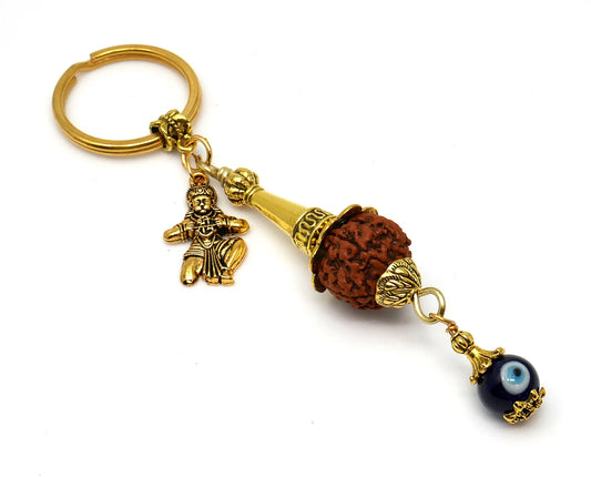 Hanumanji Kavach Amulet Keyring or Car hanging, Rudraksha Evil Eye Protection, Hindu Spiritual Jewelry, Religious Talisman for Blessings