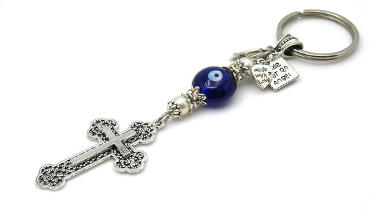 Holy Cross Pendant Key Ring | Blue Glass Beads | Evil Eye Protection Key Ring/Key Chain | Blessings | Hope Faith Believe Protection |
