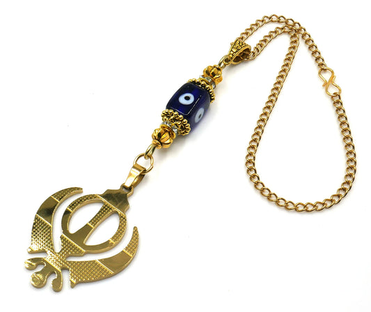 Evil Eye Protection Punjabi Khalsa Sikh Kaur Khanda Sahib ji (Sikh Faith) Gold Plated Car Mirror Hanging, Sikh Religious Khanda Décor
