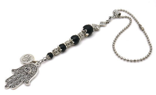 Evil Eye Protection | Hamsa Hand Hand of Fatima | OM | 4 Natural Black Nazar Bead | Car Rearview Mirror Ornament | Good Luck & Positive Vibe