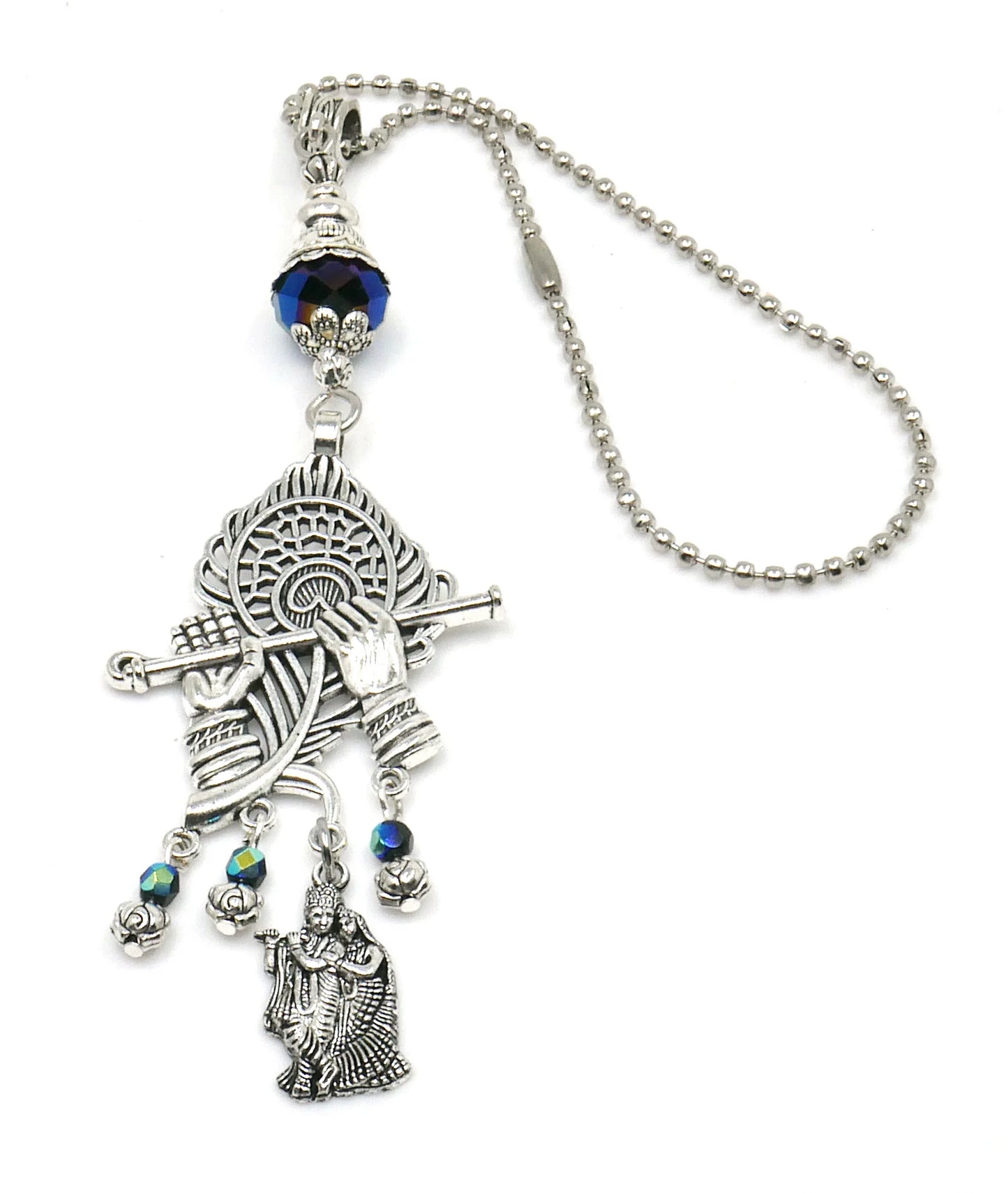 God Radha Krishna Evil Eye Protection Lord Krishna Playing Flute Pendant, Kanha with Flute Blessings & Protection Amulet, Hindu Namaste Gift