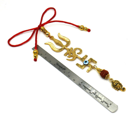 Trishakti Yantra | Trishul | OM | Swastik | Ganesha | Golden | Car Mirror Ornament | Good Luck | Positive Vibrations | Success | Prosperity