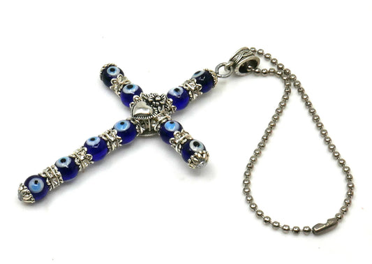 Holy Cross Pendant | Blue Glass Beads | Evil Eye Protection | Car Rearview Mirror Ornament | Blessings | Hope Faith Believe Protection |
