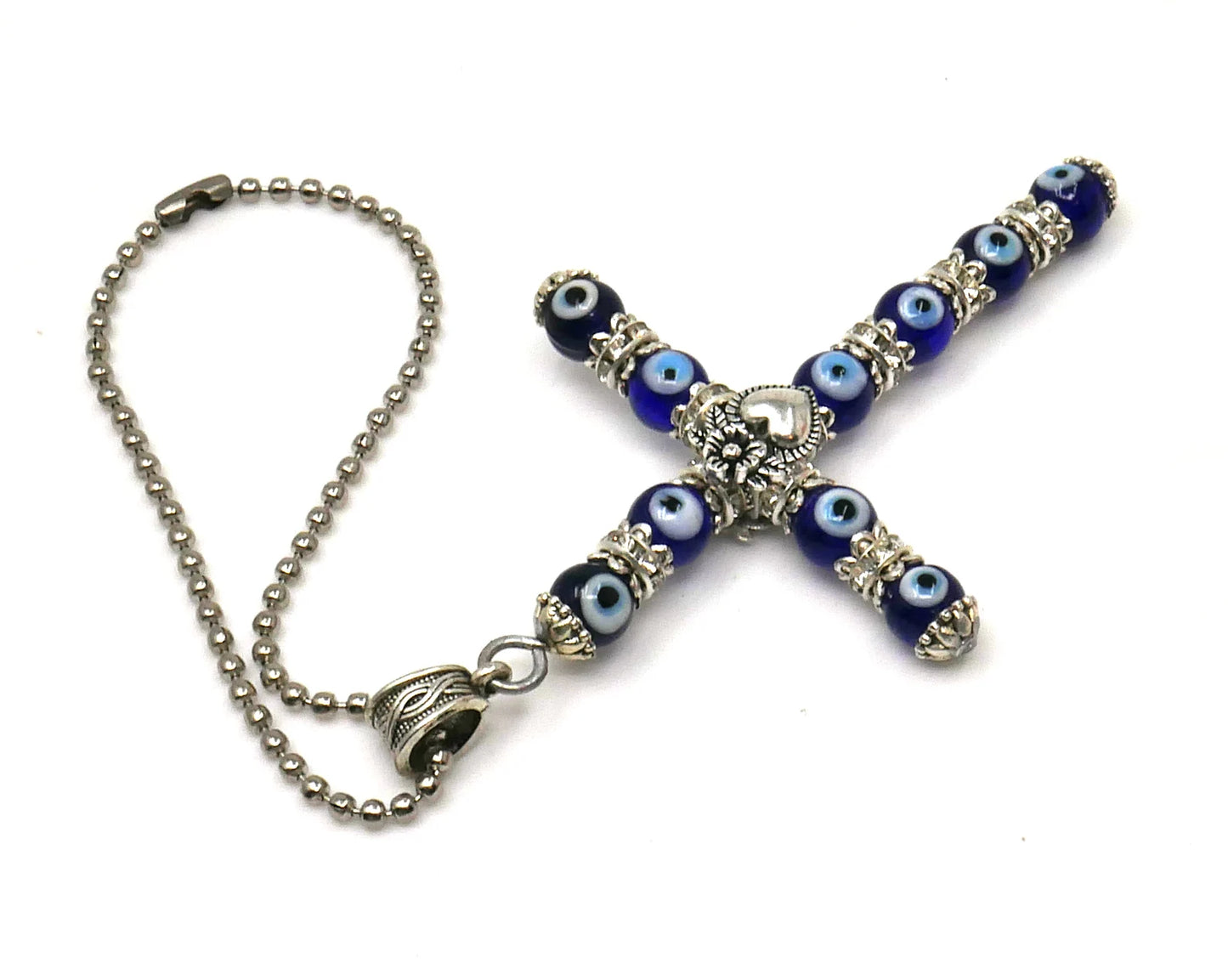 Holy Cross Pendant | Blue Glass Beads | Evil Eye Protection | Car Rearview Mirror Ornament | Blessings | Hope Faith Believe Protection |